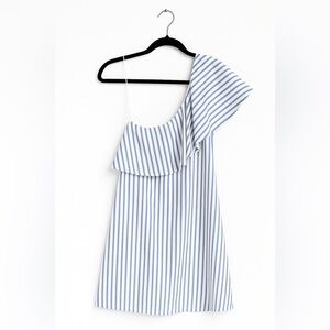 Alice + Olivia Blue White Striped One Shoulder Ruffle Mini Dress Womens Size M